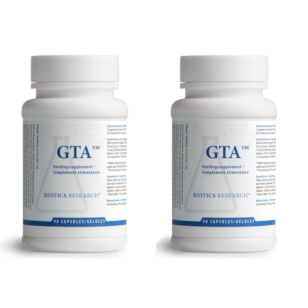 Deux flacons blancs avec "GTA" et "BIOTICS RESEARCH". Chaque flacon contient 90 gélules.
