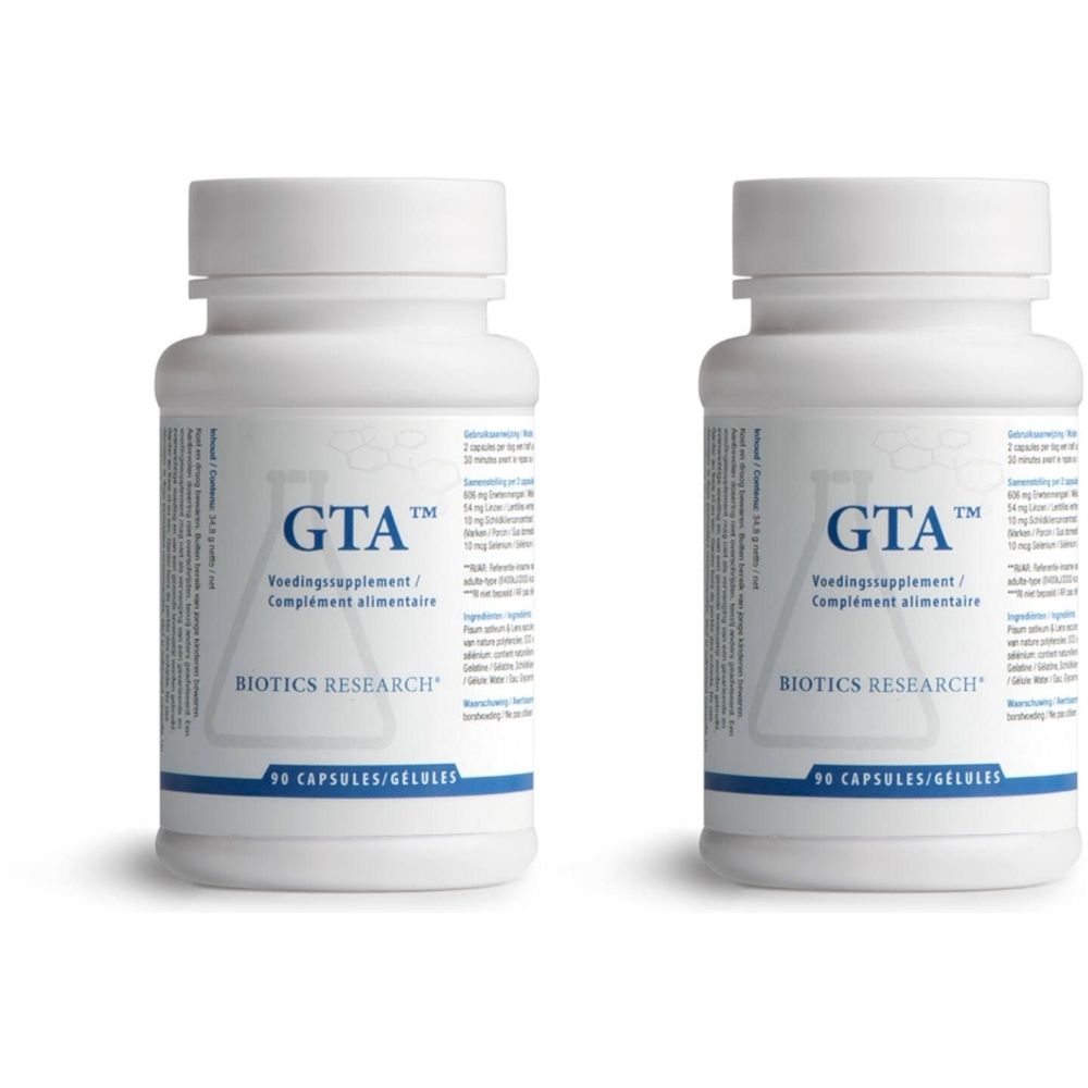 Zwei weiße Flaschen mit "GTA" und "BIOTICS RESEARCH" Aufschrift. Jede Flasche enthält 90 Kapseln.