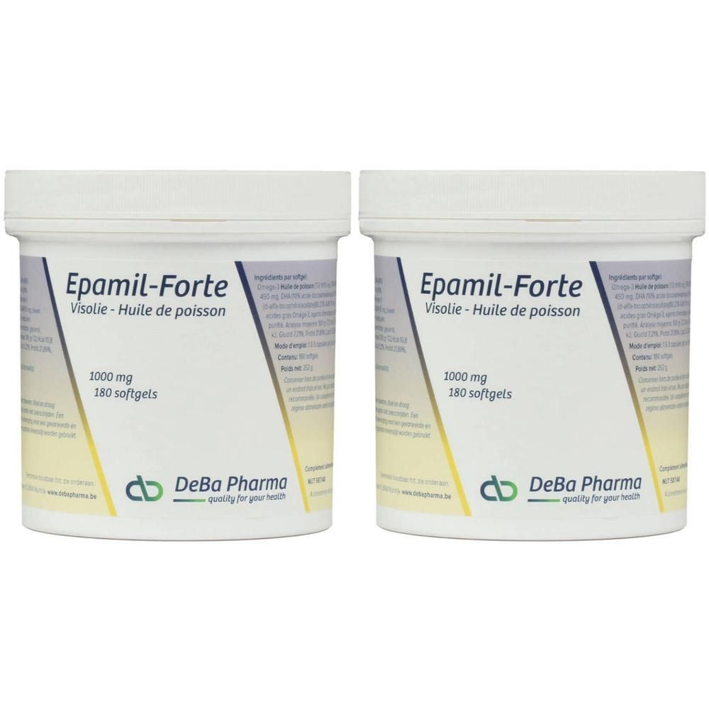 Zwei weiße Behälter mit Etiketten. Aufschrift: Epamil-Forte, 1000 mg, 180 Softgels. DeBa Pharma Logo.