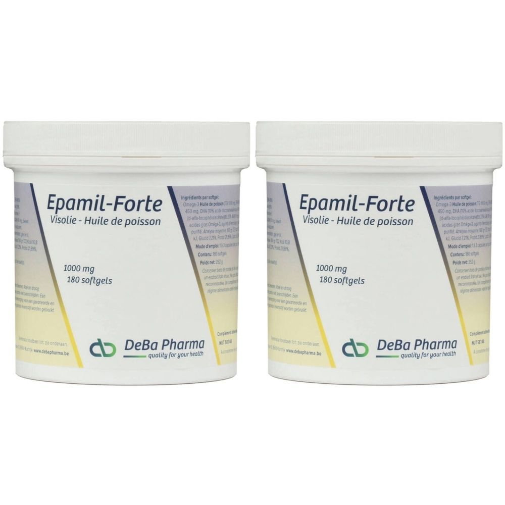 Deux pots blancs avec étiquettes. Inscription: Epamil-Forte, 1000 mg, 180 gélules. Logo DeBa Pharma.