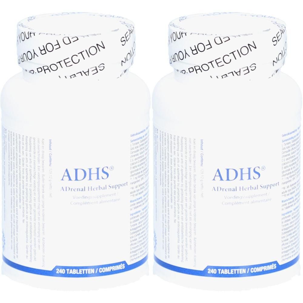 Zwei weiße Flaschen mit Etikett. Aufschrift: ADHS, Adrenal Herbal Support. 240 Tabletten. Siegel auf dem Deckel.