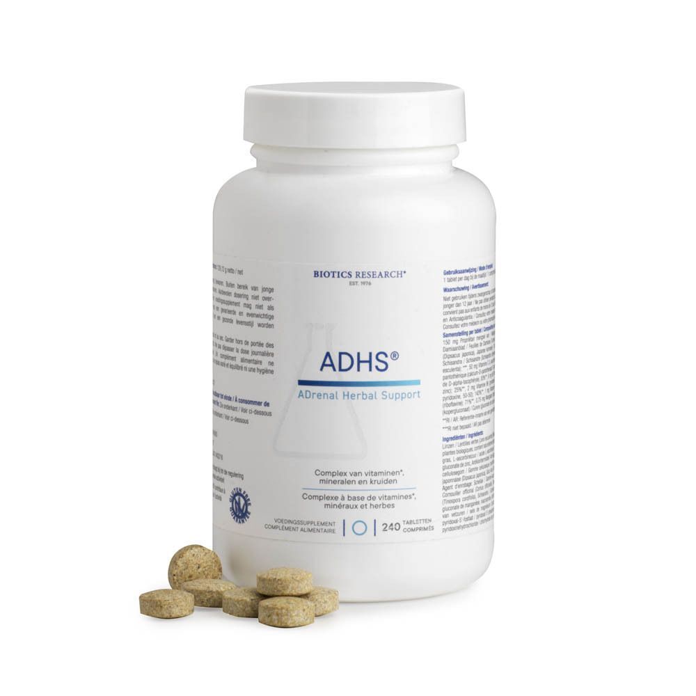 Un flacon blanc ADHS Adrenal Herbal Support de 240 comprimés avec quelques comprimés à côté.