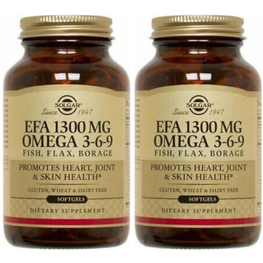 Zwei braune Glasflaschen mit goldenen Deckeln. Etiketten mit Text: EFA 1300 MG OMEGA 3-6-9. Gluten-, Weizen- und Milchfrei.