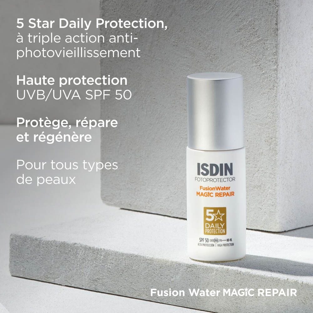 Flacon avec texte. Texte: 5 Star Daily Protection, Haute protection UVB/UVA SPF 50.