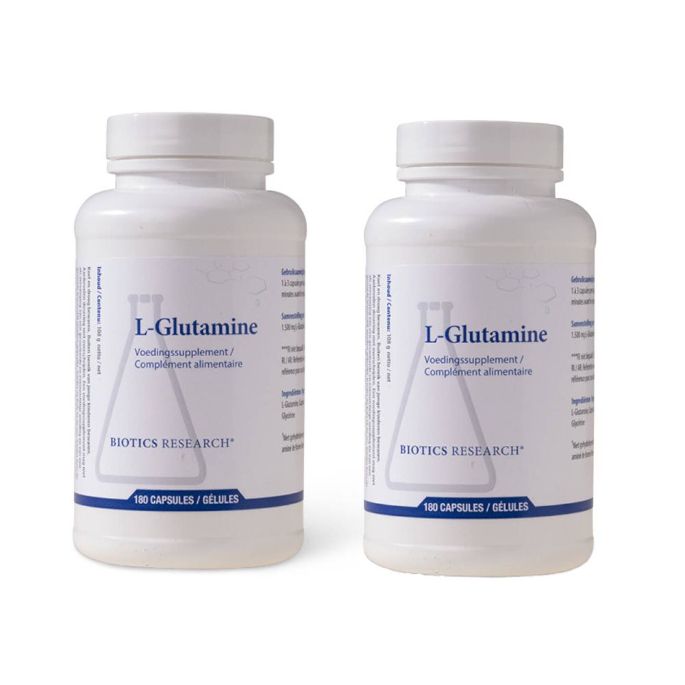 Deux flacons blancs "L-Glutamine" et "BIOTICS RESEARCH". Complément alimentaire en gélules.