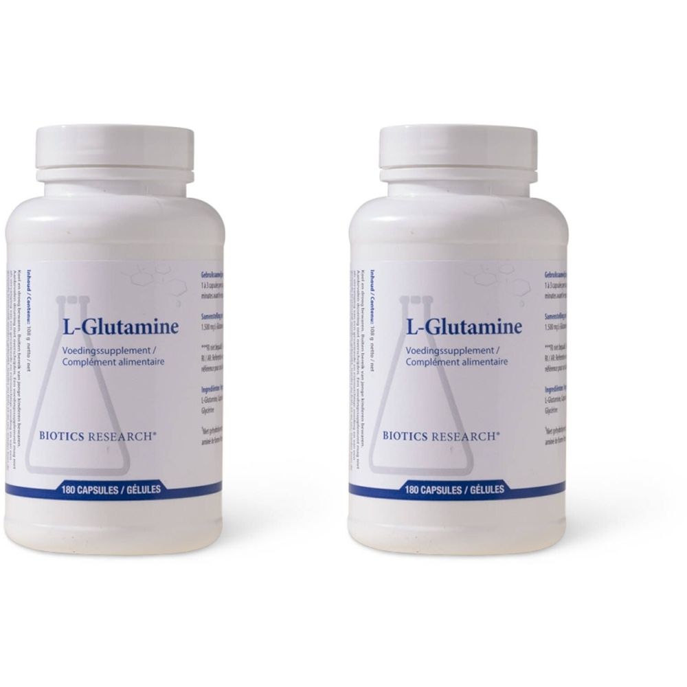 Zwei weiße Flaschen mit Etikett "L-Glutamine" und "BIOTICS RESEARCH". Kapseln.