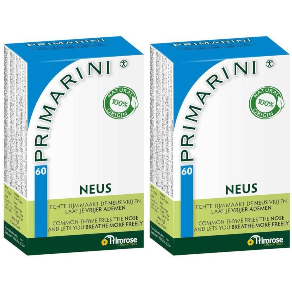 Zwei Packungen Primarini. Blaue und weiße Schachteln mit Text und Logo. Aufschrift: NEUS, 60, 100% Natural Origin.
