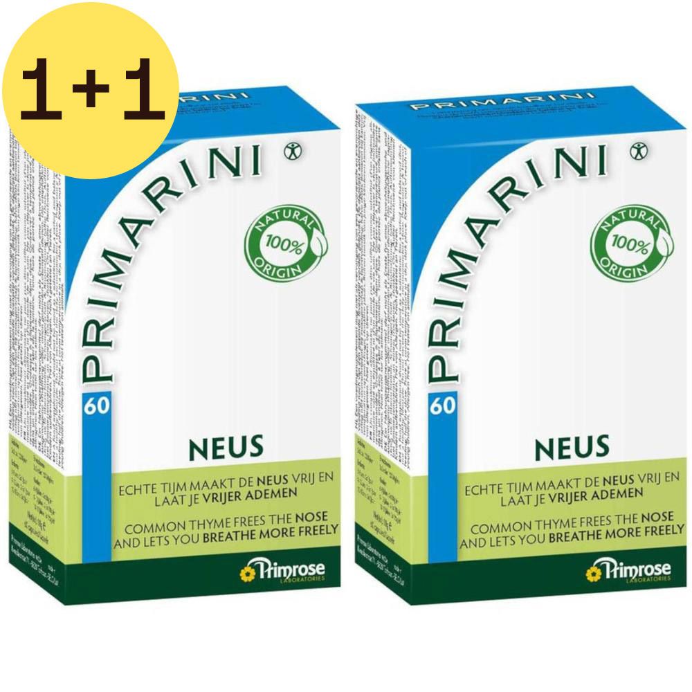 Deux boîtes de Primarini. Boîtes bleues et blanches avec texte et logo. Inscription : NEUS, 60, 100% Natural Origin.