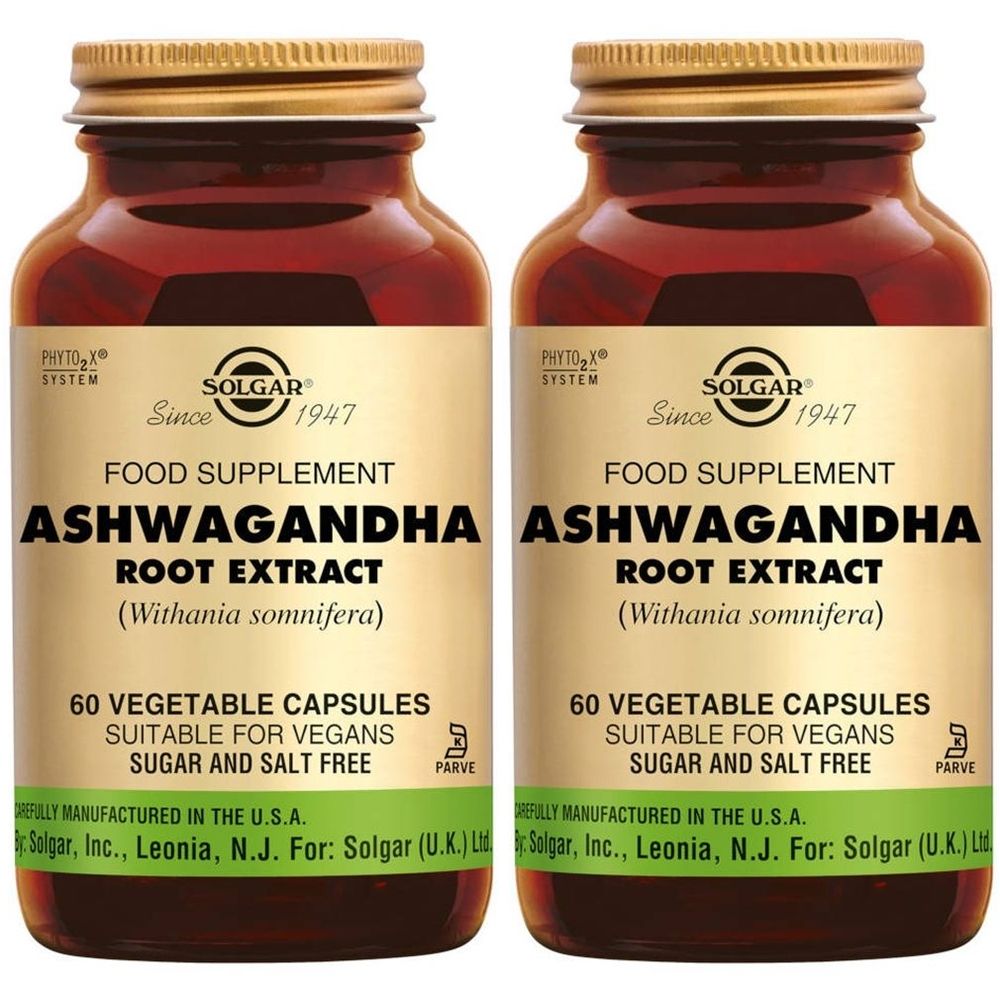 Deux flacons de Solgar Ashwagandha Root Extract. Flacons en verre brun avec bouchons dorés et étiquettes.