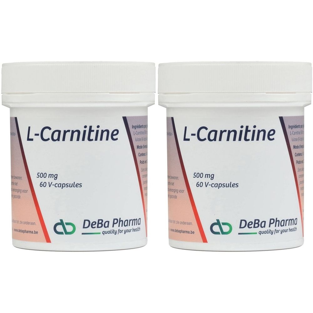 Zwei weiße Behälter mit der Aufschrift "L-Carnitine 500 mg 60 V-capsules". Marke: DeBa Pharma.