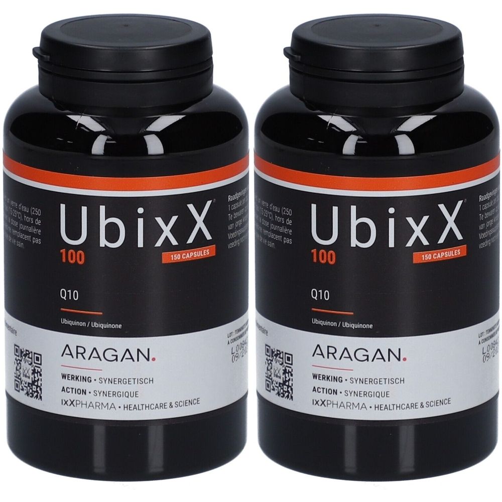 Zwei schwarze Flaschen mit Etikett. Aufschrift: UbixX 100, Q10, ARAGAN. Kapseln.