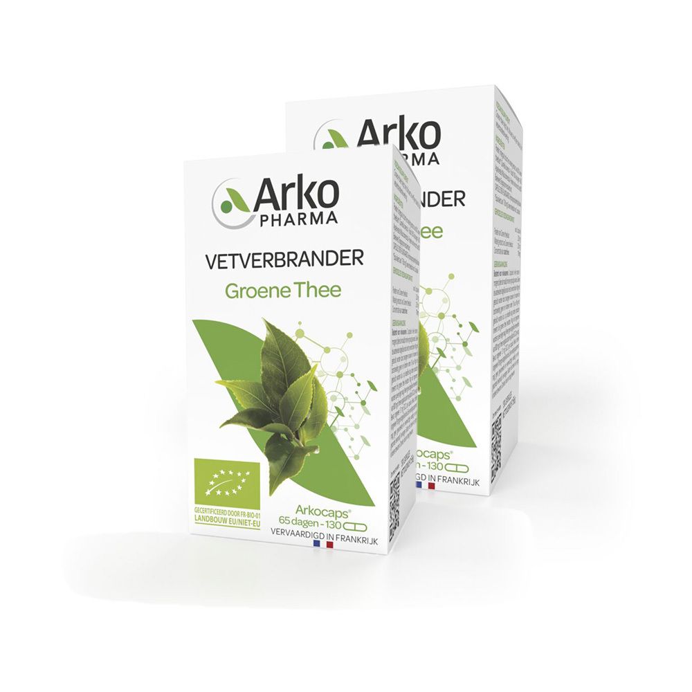 Deux boîtes Arkocaps Thé Vert. Boîtes blanches avec feuilles vertes et inscription: Arkopharma, Thé Vert, 130 gélules.