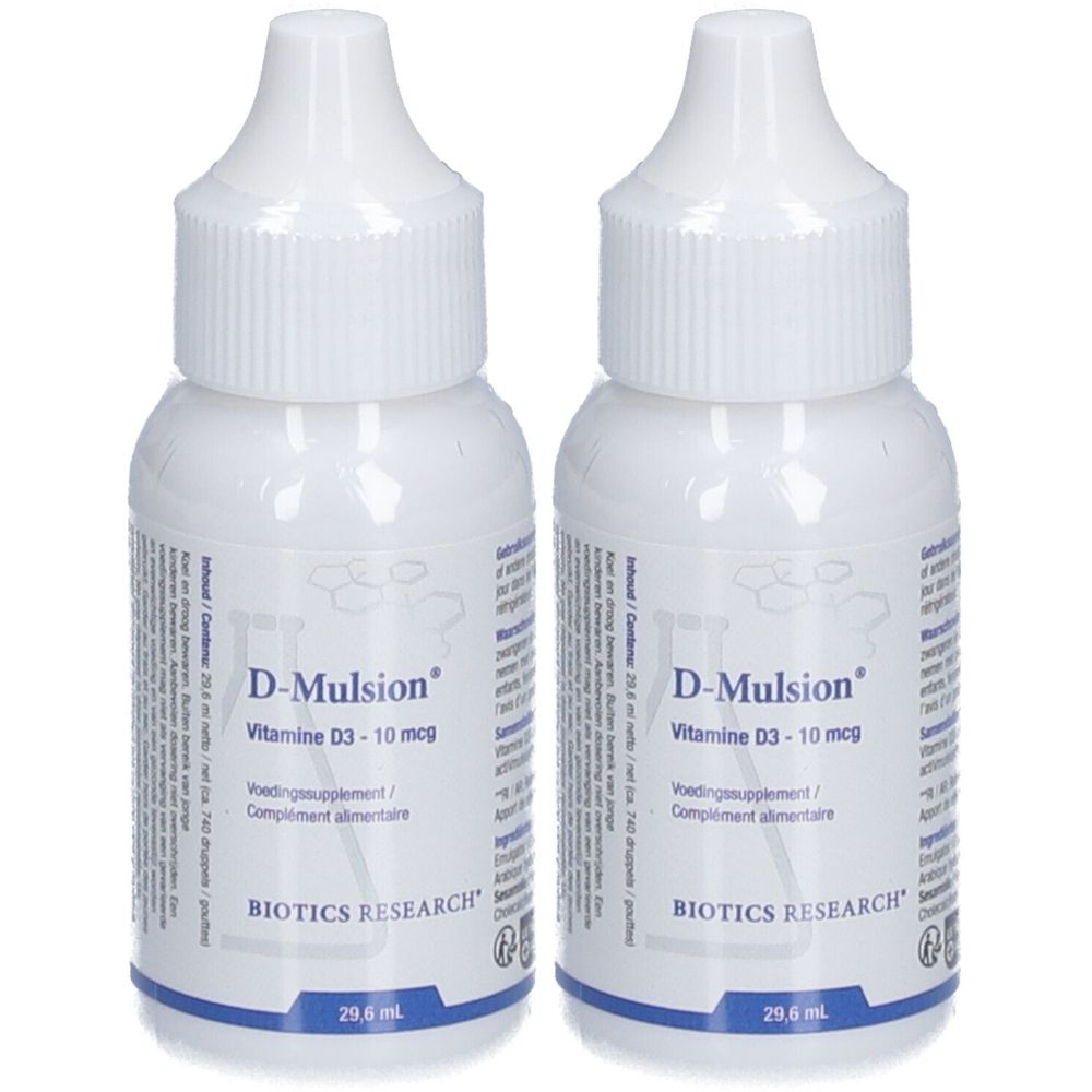 Deux flacons blancs de D-Mulsion, vitamine D3. Logo BIOTICS RESEARCH. 29,6 ml.