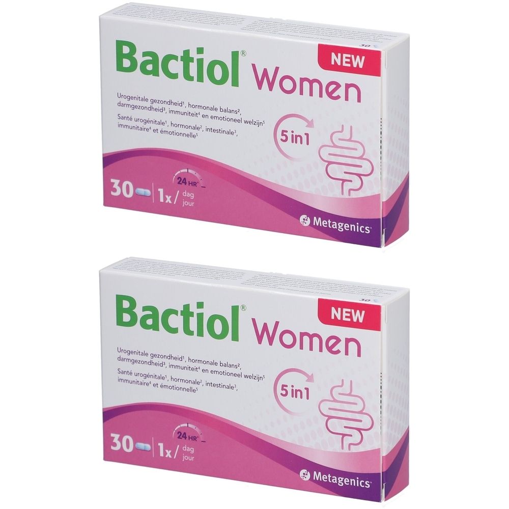 Zwei Packungen Bactiol Women. Weiße Schachteln mit rosa und grüner Beschriftung. Enthält 30 Tabletten. "5 in 1" und ein Darm-Symbol.