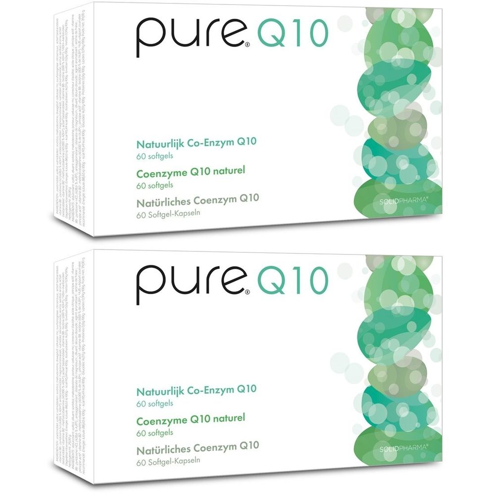 Zwei weiße Schachteln mit "pure.Q10"-Logo und Texten in mehreren Sprachen. Aufschrift: "Natuurlijk Co-Enzym Q10".