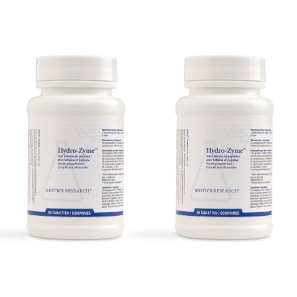 Deux flacons blancs avec étiquettes. Inscription: Hydro-Zyme, BIOTICS RESEARCH. 90 comprimés.