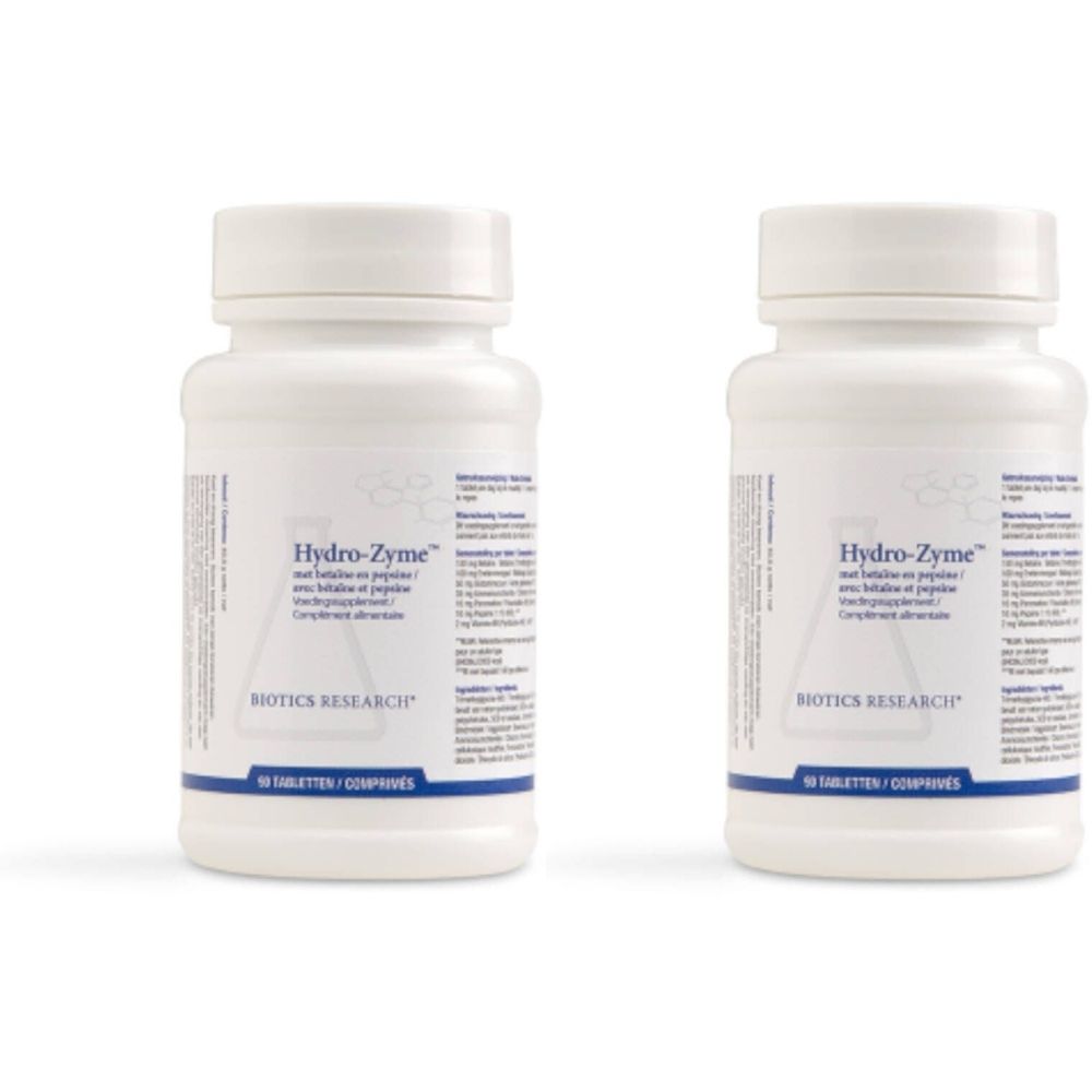 Zwei weiße Flaschen mit Etiketten. Aufschrift: Hydro-Zyme, BIOTICS RESEARCH. 90 Tabletten/Comprimés.
