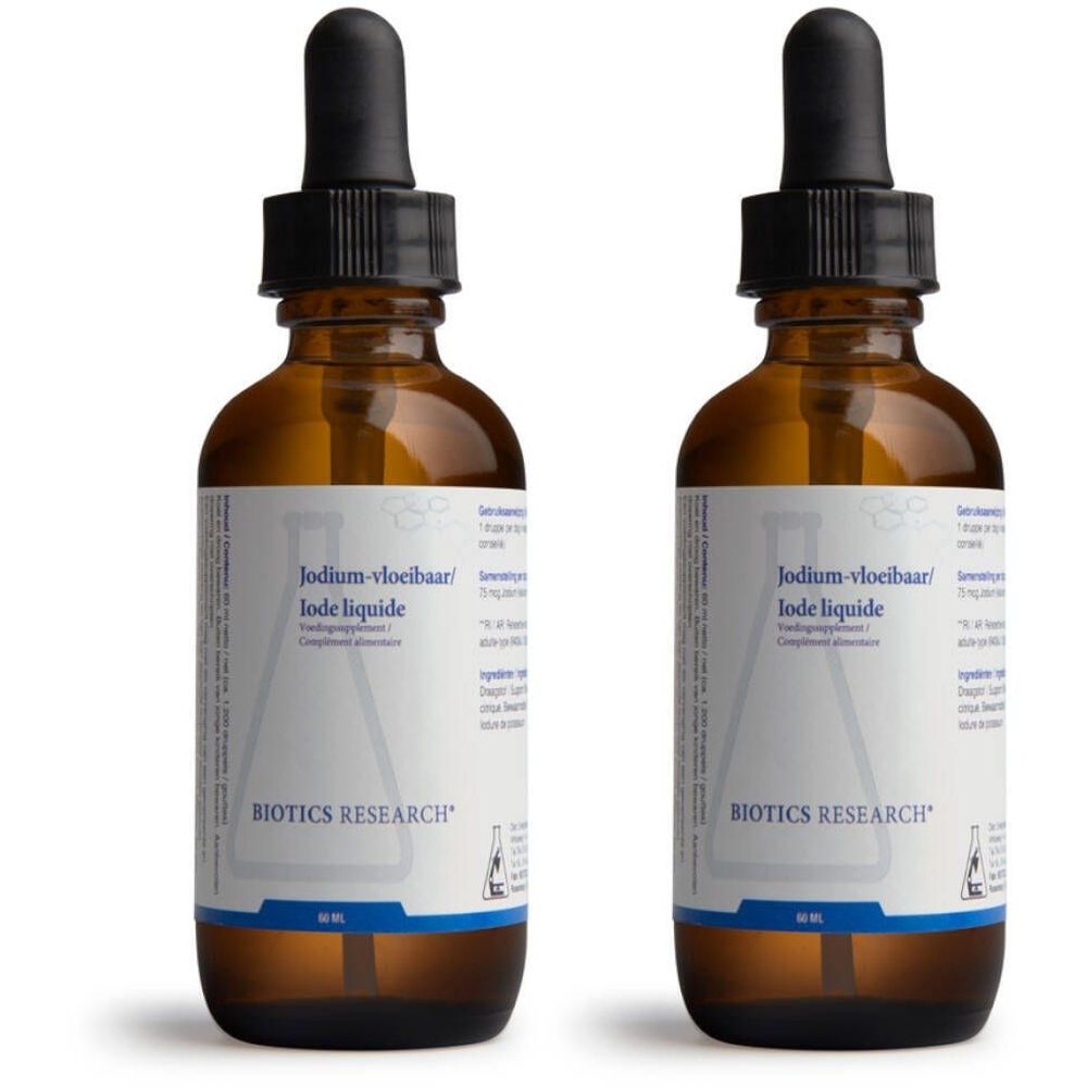 Zwei braune Glasflaschen mit Tropfer. Aufschrift: BIOTICS RESEARCH, Jodium-vloeibaar/Iode liquide.
