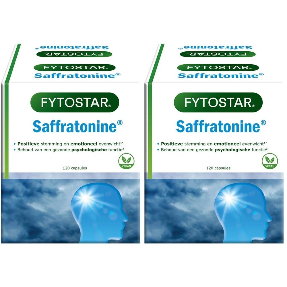 Zwei Schachteln Fytostar Saffratonin®. Weiße Verpackung mit grünem Logo und Produktnamen. 120 Kapseln. Vegan-Siegel.