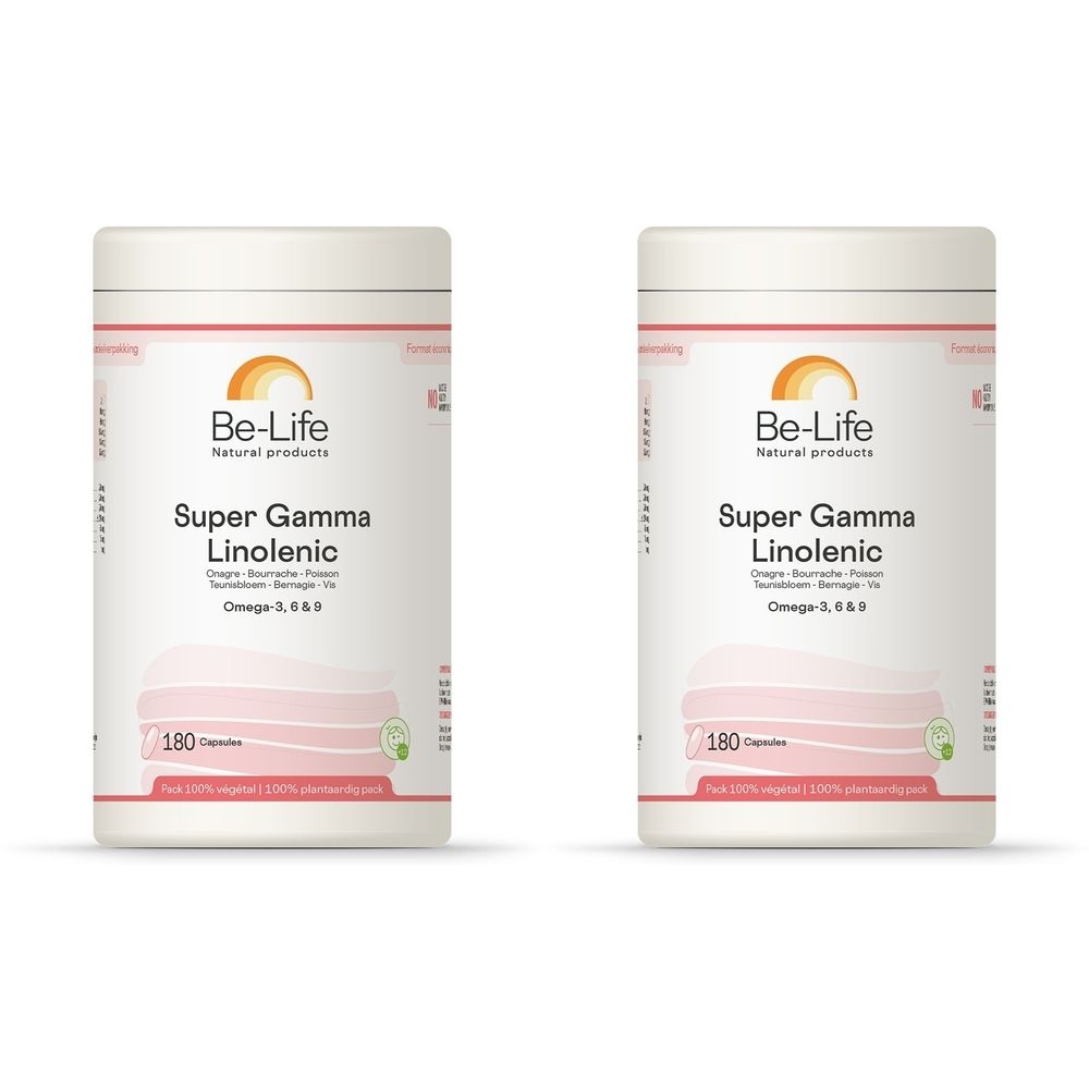 Zwei weiße Behälter mit rosa Etiketten. Aufschrift: Be-Life, Super Gamma Linolenic, Omega-3, 6 & 9. 180 Kapseln.