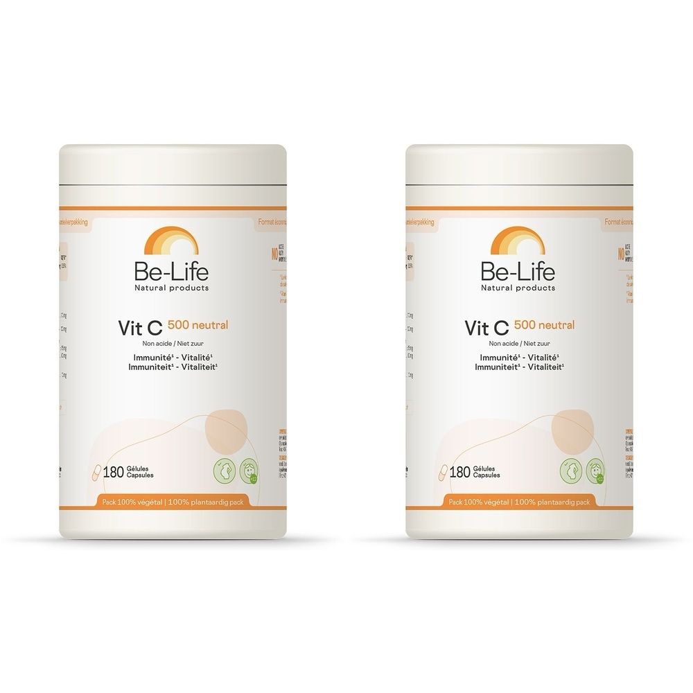 Zwei weiße Behälter mit orangefarbenen Akzenten. Aufschrift: Be-Life, Vit C 500 neutral, 180 Kapseln. Mit Logo.