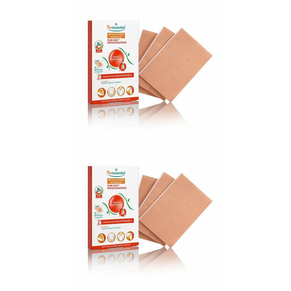 Packung und Pflaster. Auf der Packung steht Puressentiel. Pflaster sind beige und rechteckig.