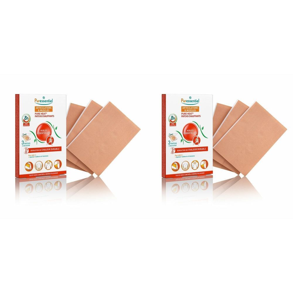 Boîte et patchs. La boîte indique Puressentiel. Les patchs sont beiges et rectangulaires.