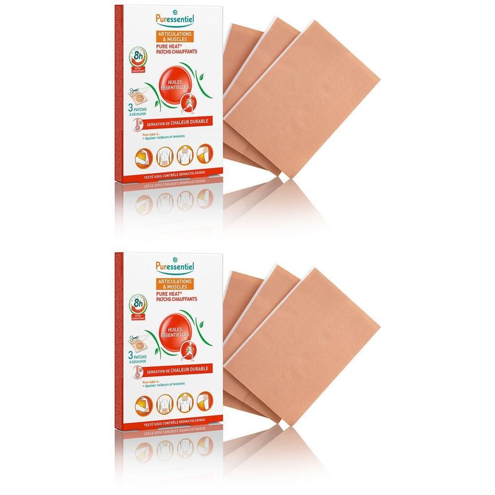 Zwei Packungen Puressentiel Wärmepflaster für Gelenke und Muskeln, mit je drei Pflastern.