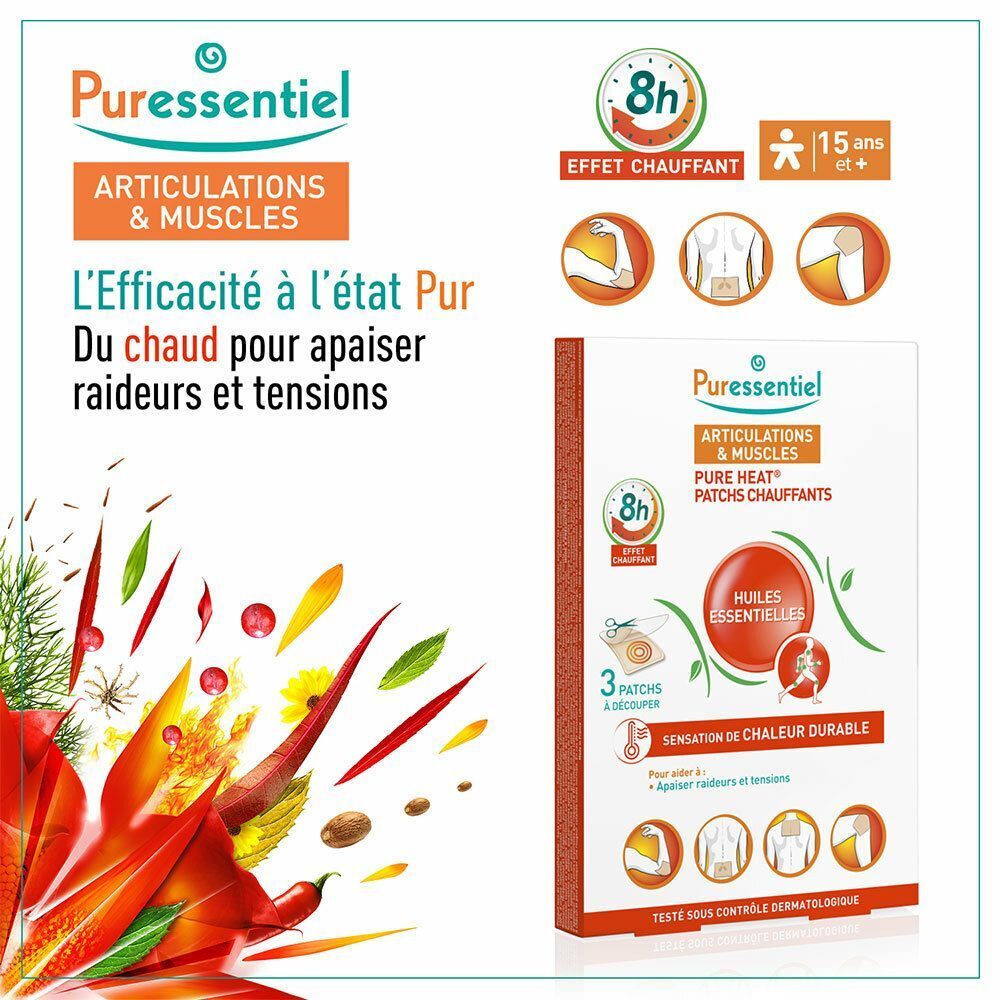 Produktverpackung mit Text: Puressentiel, Articulations & Muscles, Pure Heat, Patches Chauffants. 3 Patches.