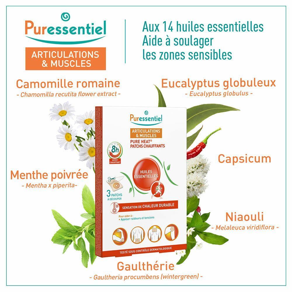 Produktverpackung mit Text: Puressentiel, Articulations & Muscles, Pure Heat, Patches Chauffants. 3 Patches.