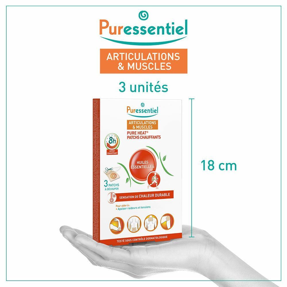Produktverpackung mit Text: Puressentiel, Articulations & Muscles, Pure Heat, Patches Chauffants. 3 Patches.