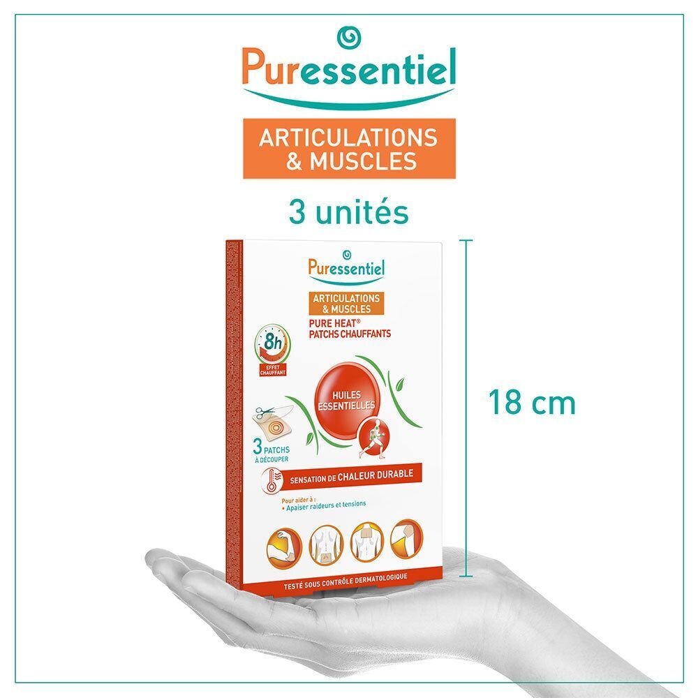 Packung mit 3 Puressentiel Wärmepflastern für Gelenke und Muskeln, 18 cm hoch.