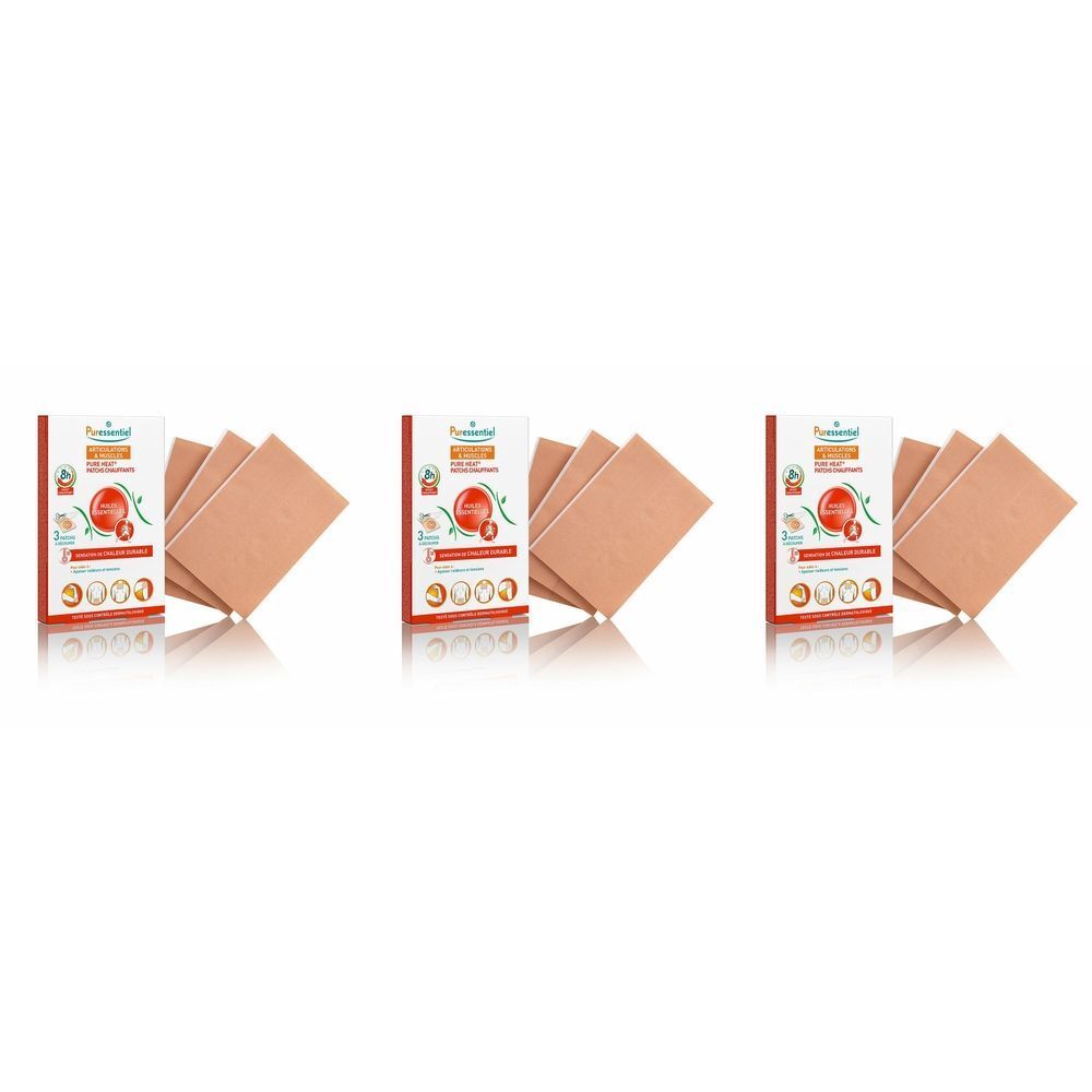 Trois boîtes de patchs chauffants et quelques patchs individuels. Chaque boîte présente un logo rouge avec du texte.