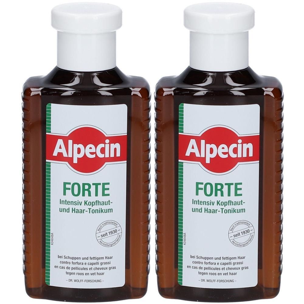 Zwei Flaschen Alpecin Forte Lotion. Braune Flaschen mit weißem Deckel. Rotes Logo mit Schriftzug Alpecin und Forte.