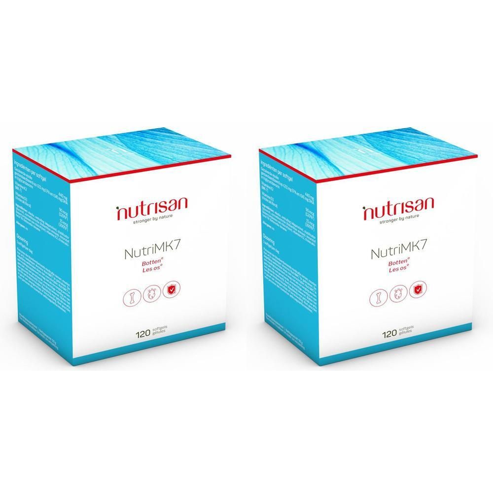 Zwei quadratische Kartons mit der Aufschrift Nutrisan NutriMK7. Blaue und weiße Verpackung mit rotem Logo und Text. 120 Kapseln.