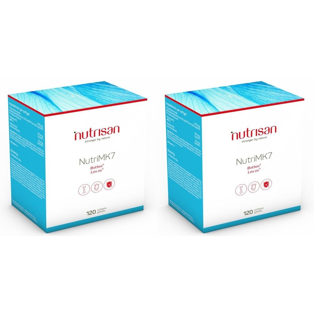 Deux boîtes carrées Nutrisan NutriMK7. Emballage bleu et blanc avec logo et texte rouges. Contient 120 gélules.