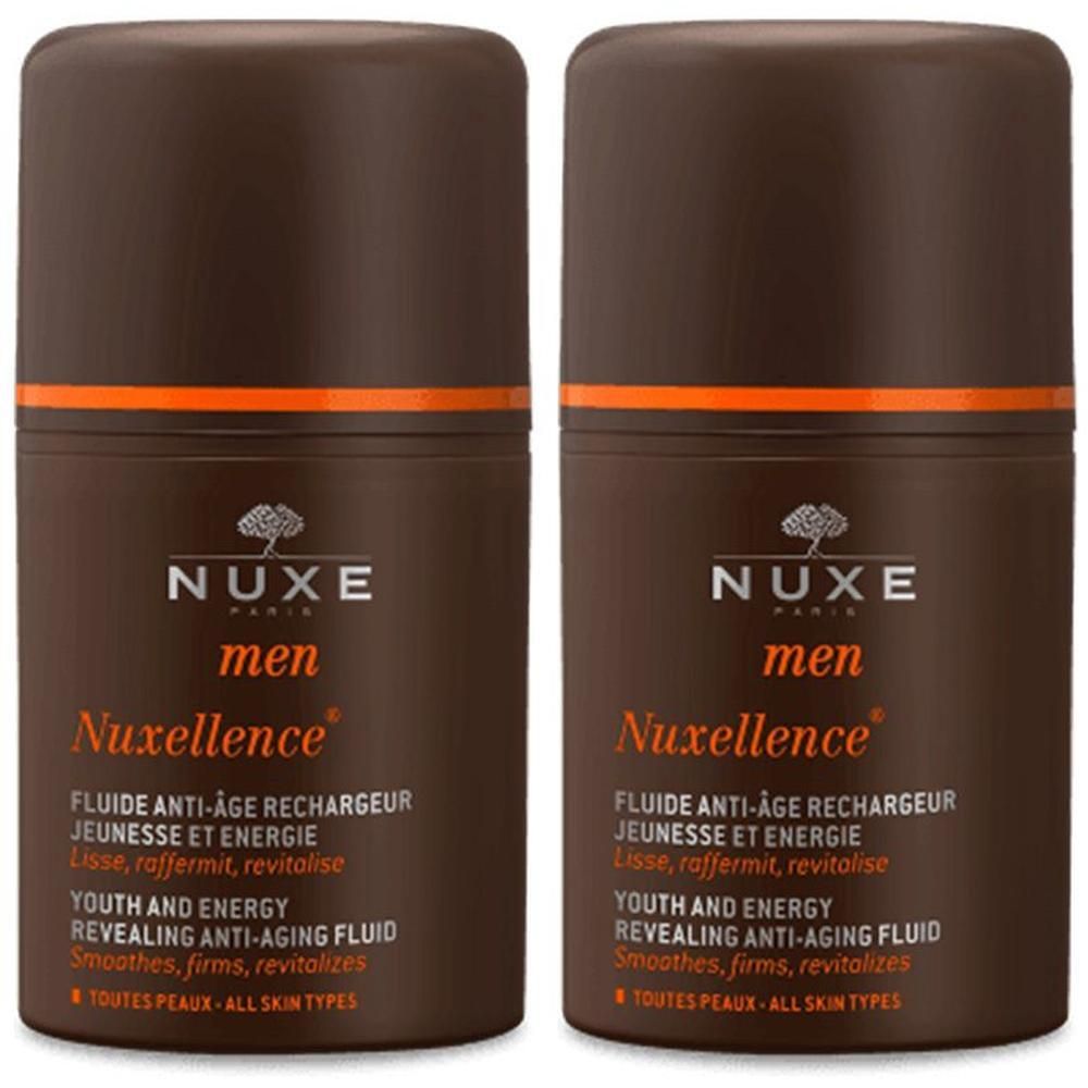 Deux flacons bruns de Nuxe Men Nuxellence. Accents orange. Inscription : Nuxe, men, Nuxellence, fluide anti-âge.