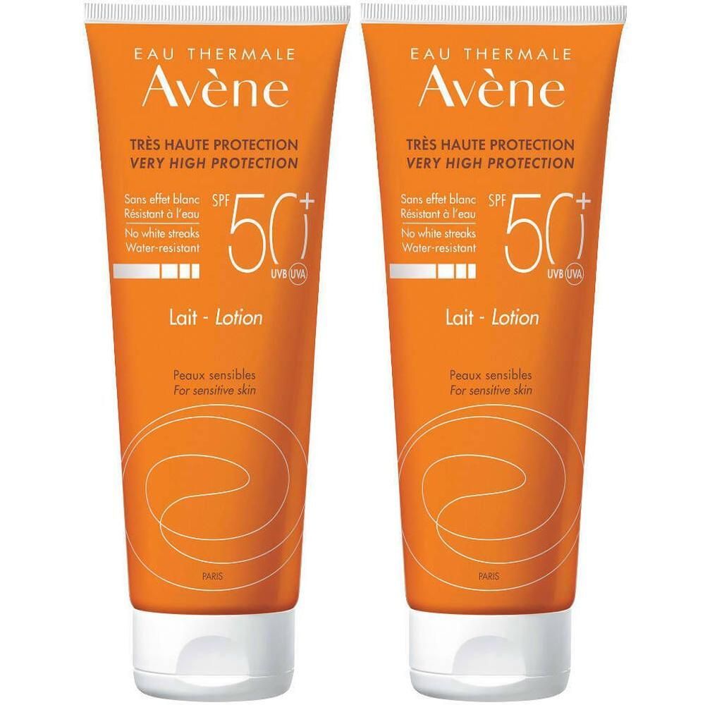 Zwei Tuben Sonnenmilch Avène LSF 50+. Orangefarbene Tuben mit weißem Deckel. Text: Très Haute Protection, Lait-Lotion.