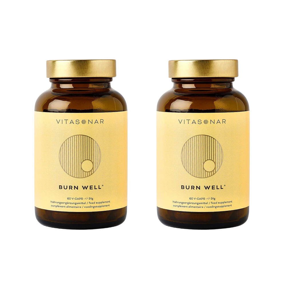 Zwei braune Glasflaschen mit goldenen Deckeln und Etiketten. Aufschrift: VITASONAR, BURN WELL. Nahrungsergänzungsmittel.