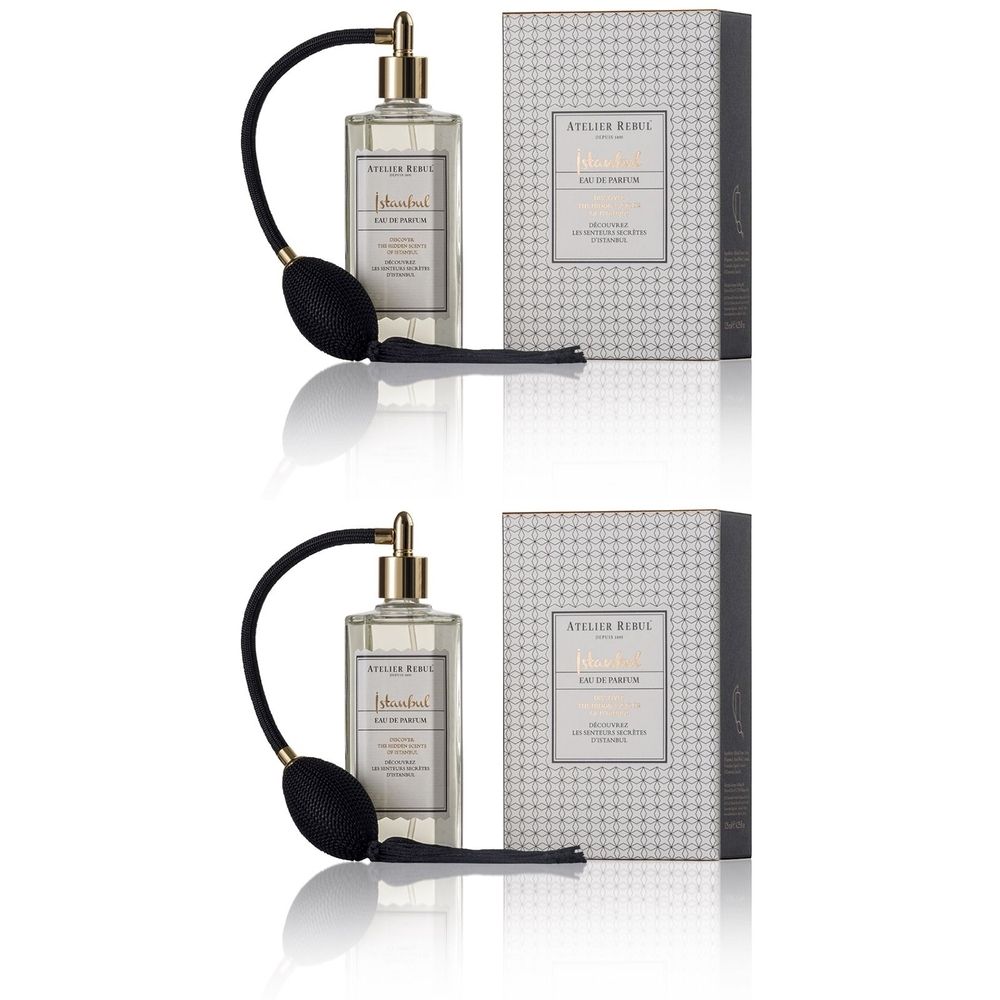 Zwei Flakons mit Zerstäuber und Verpackung. Rechteckige Flakons mit goldfarbenen Verschlüssen und schwarzem Zerstäuber.