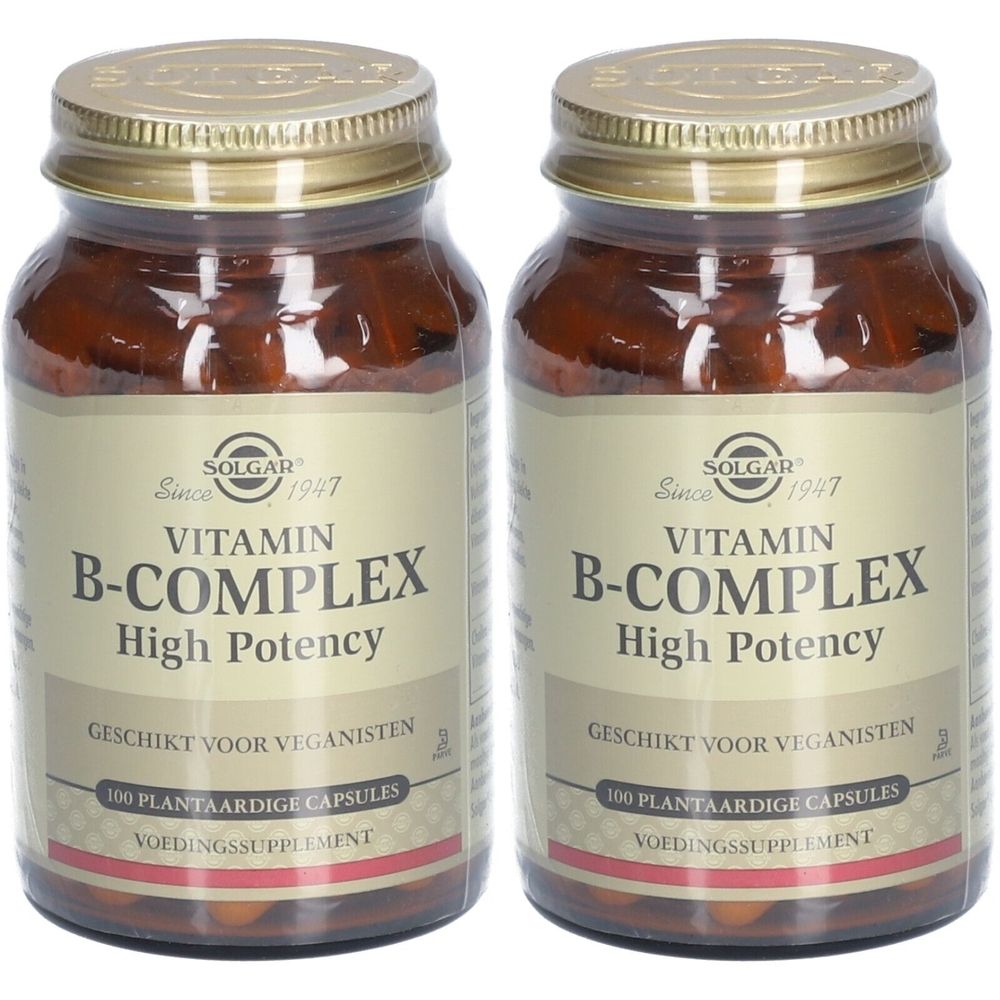 Zwei braune Glasflaschen mit goldfarbenen Deckeln. Aufschrift: Vitamin B-Complex, High Potency. Geeignet für Veganer.