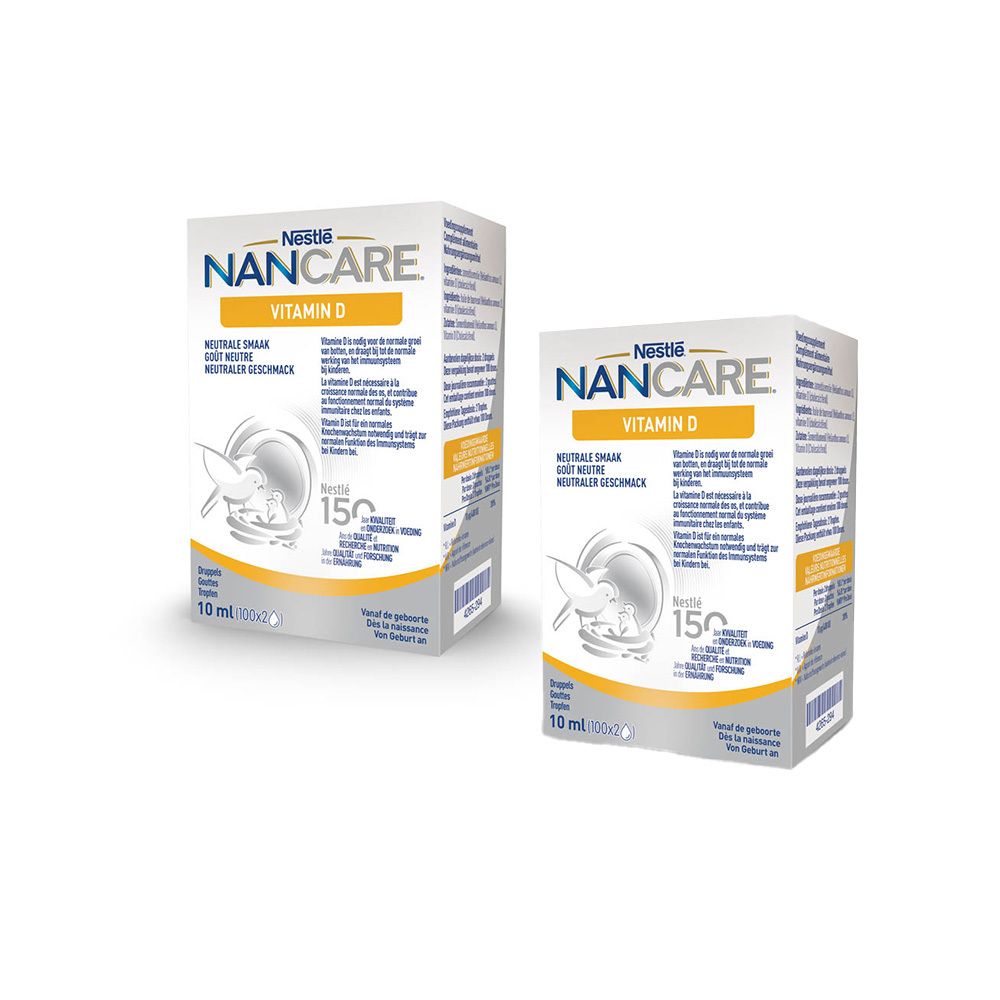 Deux boîtes de Nestle NANCARE Vitamine D. Boîtes blanches avec texte bleu et jaune. Contient 150 UI de vitamine D.