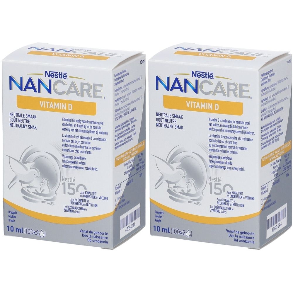Zwei Packungen Nestle NANCARE Vitamin D. Weiße Schachteln mit blauer und gelber Beschriftung. Enthält 150 IE Vitamin D.