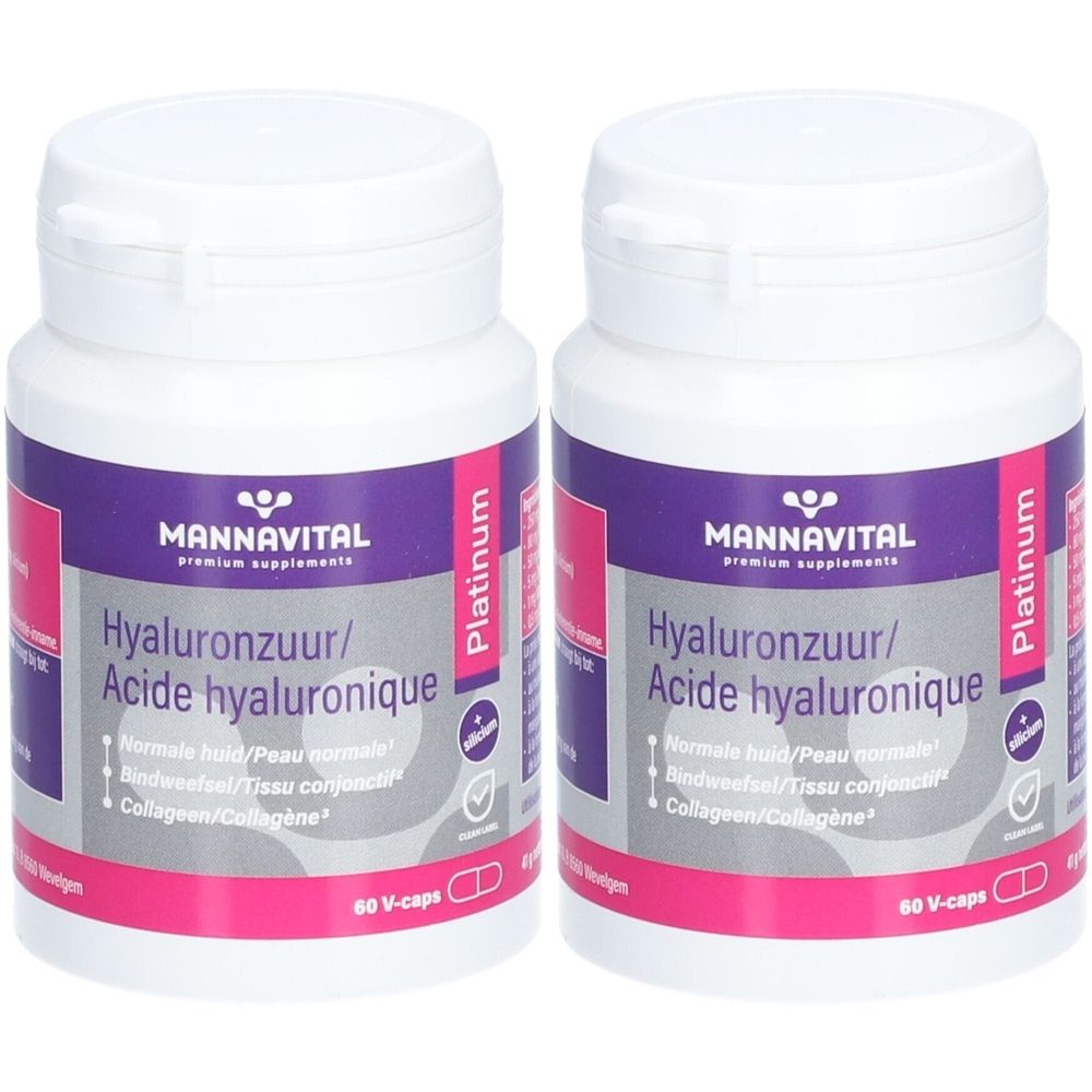 Zwei weiße Flaschen mit lila Etiketten. Auf den Etiketten steht "MANNAVITAL" und "Hyaluronzuur/Acide hyaluronique".