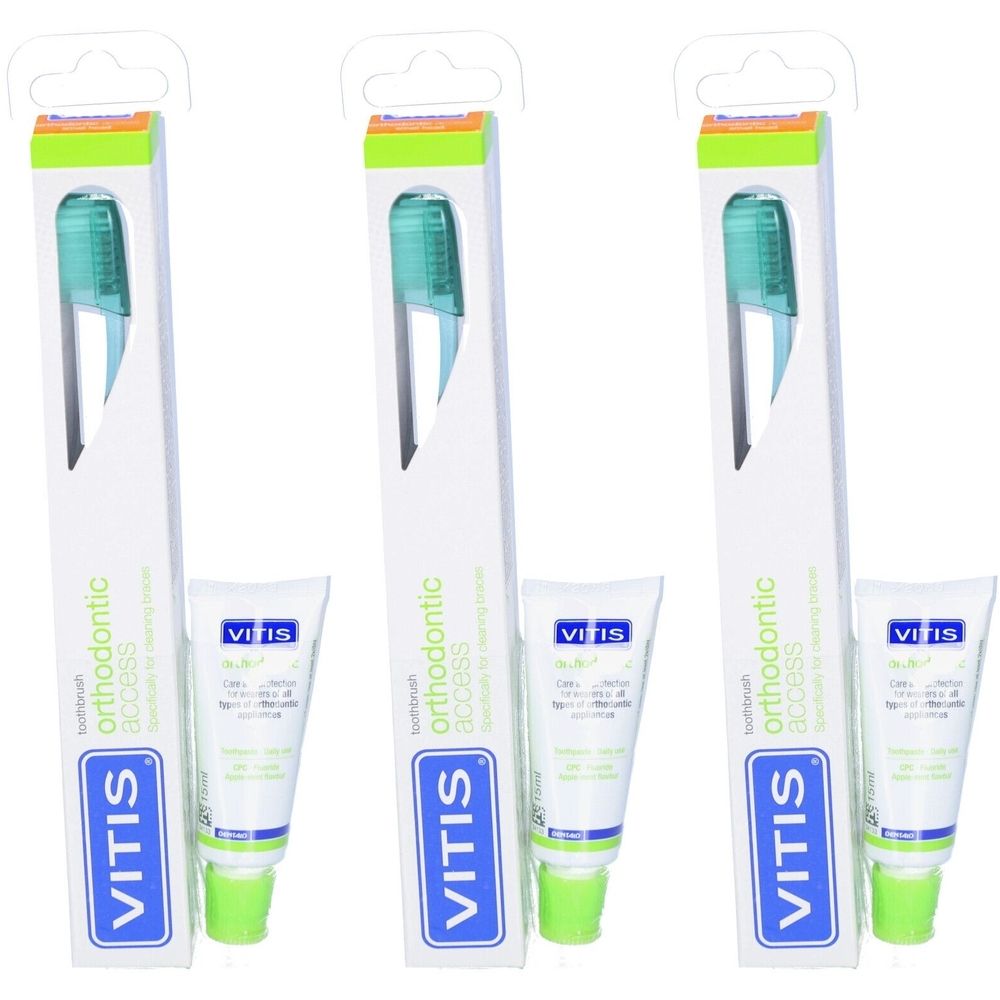 Zahnbürste und Zahnpasta in Verpackung. VITIS®-Logo und Produktbezeichnung. Grün-weiße Verpackung.
