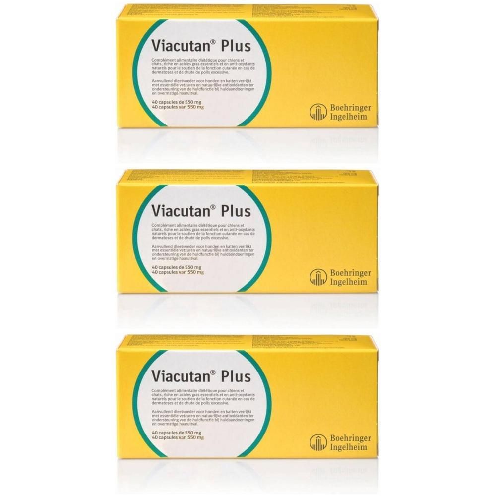 Drei gelbe Schachteln mit der Aufschrift Viacutan Plus. Auf jeder Schachtel befindet sich ein grünes Etikett und das Logo von Boehringer Ingelheim.