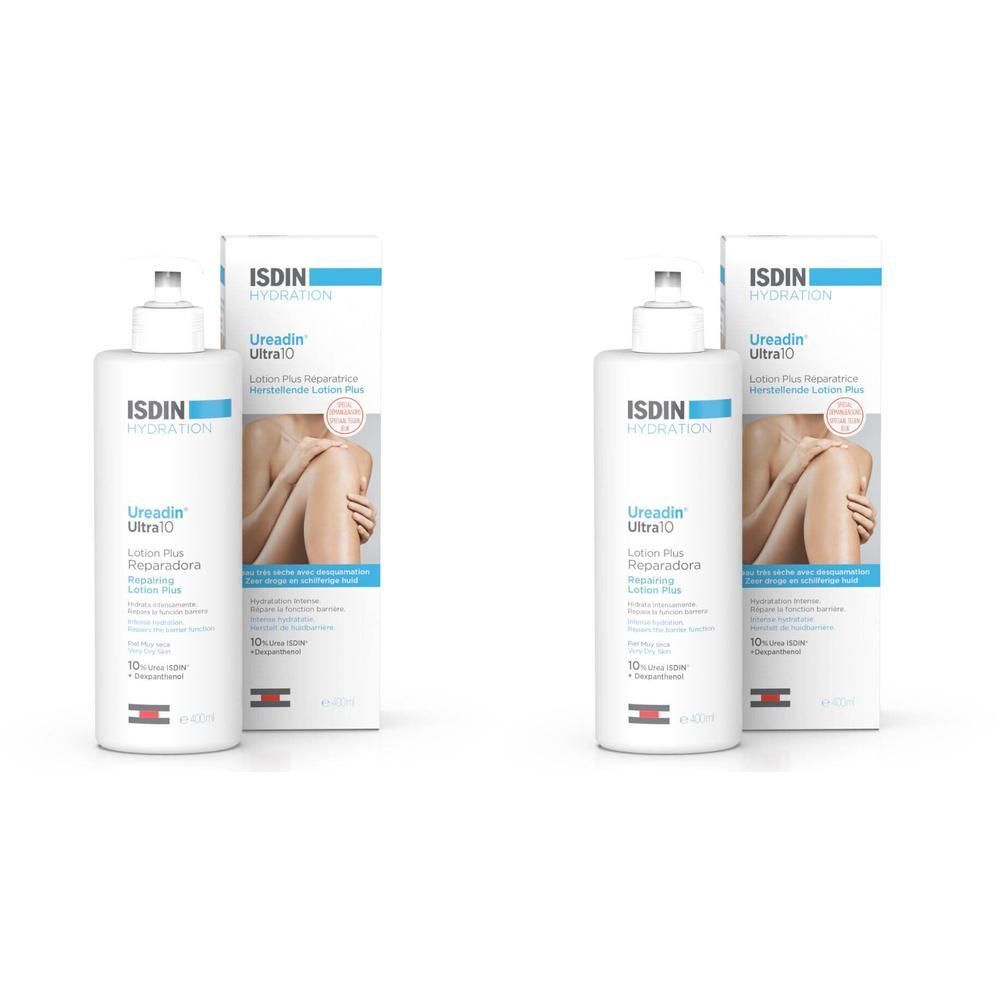 ISDIN Ureadin Ultra10 Lotion Plus. Weiße Flasche mit blauem Etikett und Karton. Produktname und Logo sichtbar.