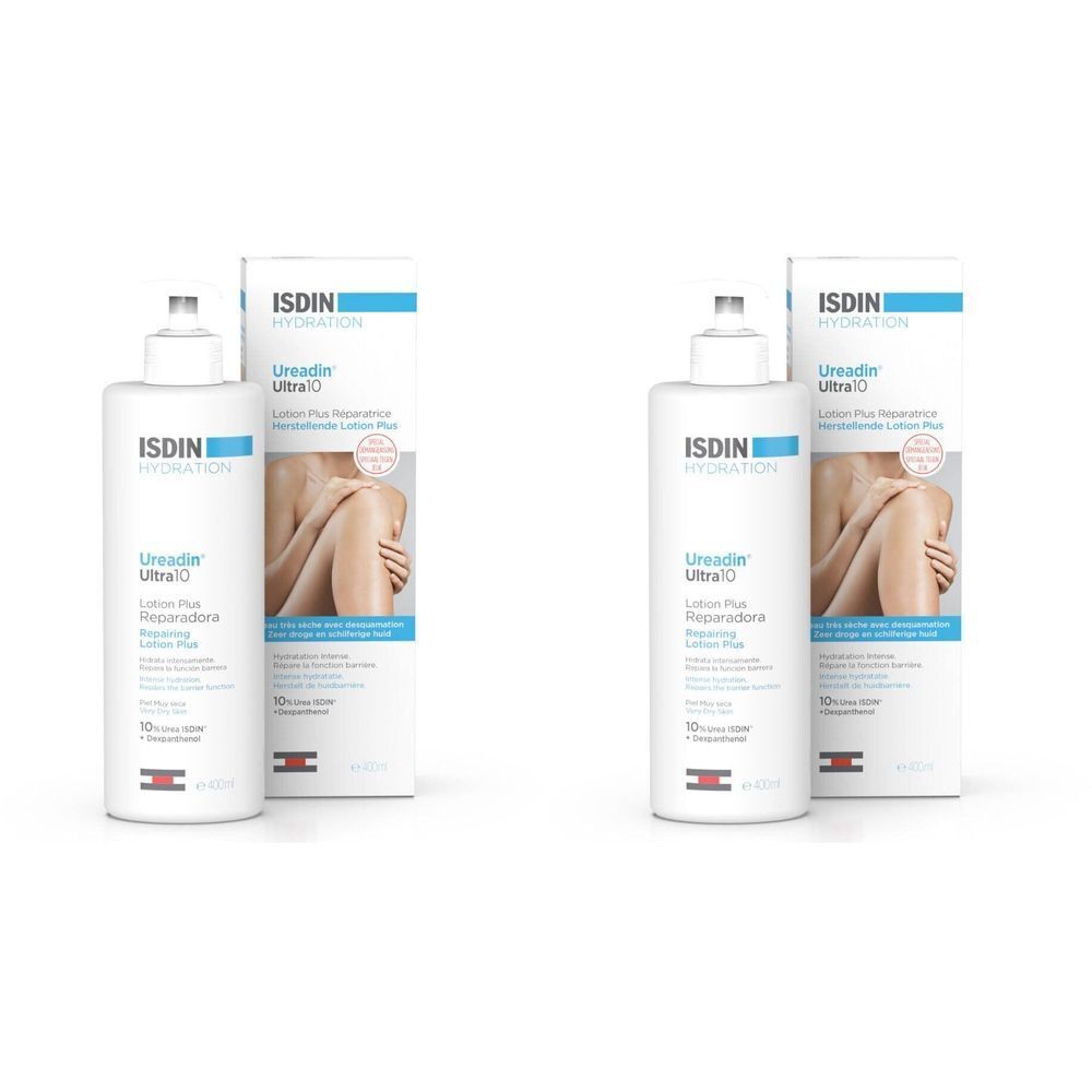ISDIN Ureadin Ultra10 Lotion Plus. Flacon blanc avec étiquette bleue et carton. Nom du produit et logo visibles.