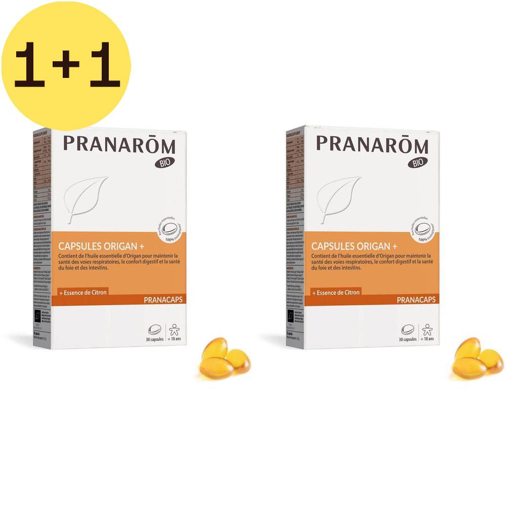 Deux boîtes de capsules. Inscription: Pranarom, Capsules Origan +, Essence de Citron. Des gélules jaunes sont à côté.