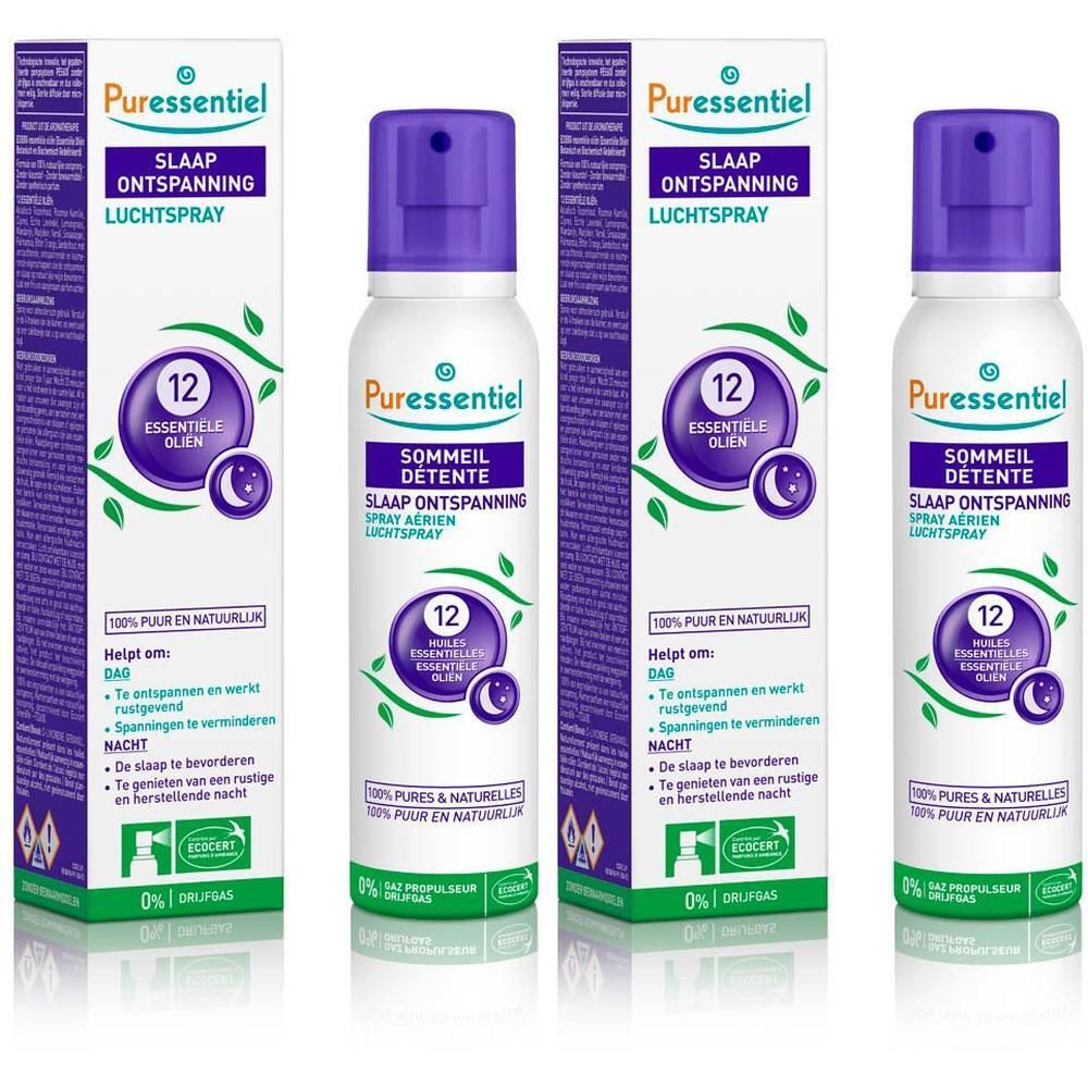 Drei Flaschen und Verpackungen. Aufschrift: Puressentiel, Sommeil Détente, 12 ätherische Öle. ECOCERT-Zertifizierung.